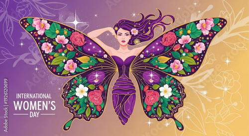 Woman with purple hair transforms into butterfly with floral wings on international women's day