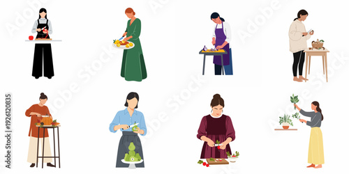 Diverse women preparing fresh fruits, vegetables, and herbs, showcasing various culinary tasks and healthy eating habits.