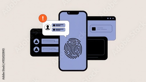 Mobile phone with fingerprint scanner for secure login and authentication, showing user interface elements and notification for data protection and privacy