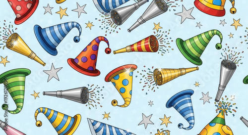 Colorful party hats and noise makers on light blue background with stars festive celebration decorations