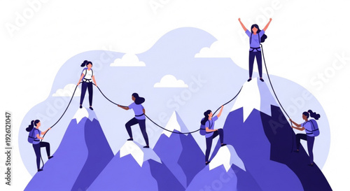 Teamwork and support on mountain peaks with people helping each other