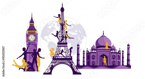 Travel and tourism concept with iconic landmarks and silhouettes of people in purple and yellow hues on white background