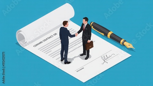 Isometric illustration of two businessmen shaking hands over a signed contract and a fountain pen, symbolizing agreement, partnership, and successful business deals on a blue background.