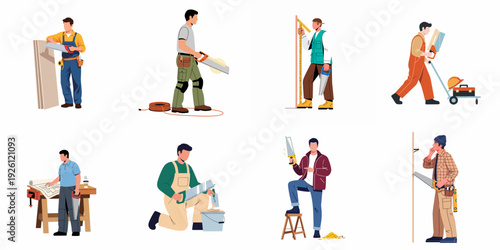 Diverse Construction Workers and Handymen with Saws and Tools, Illustrating Home Renovation and Craftsmanship