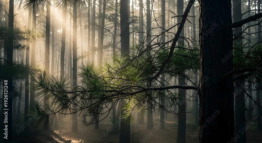 Obraz premium Golden morning sunlight filtering through the fog and branches of a dense evergreen woodland create a peaceful atmosphere