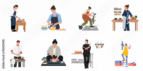 A series of illustrations depicting professional chefs and home cooks preparing fish and engaging in various culinary and kitchen activities, showcasing seafood preparation skills.