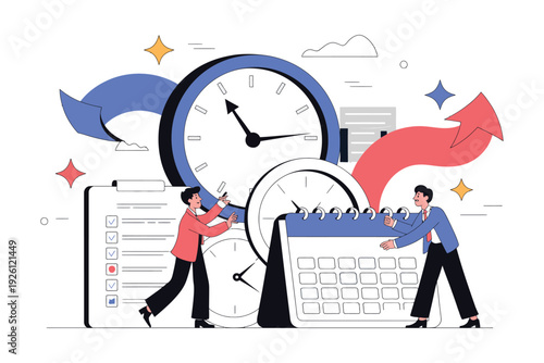 A colorful illustration of people managing time with clocks and calendars