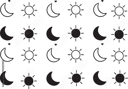 Set of beautiful mystical elements, sun and crescent moon with face vintage style. Design tattoos elements. Antique style vector. Hand drawn in engraving style isolated on white background.