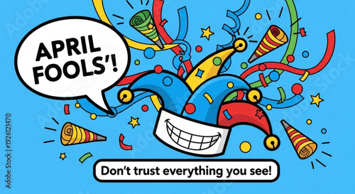 Colorful april fools' illustration with jester hat and party horns on blue background