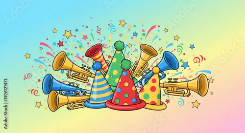 Colorful party hats and horns with confetti on a rainbow background celebrating a festive occasion with joy and excitement