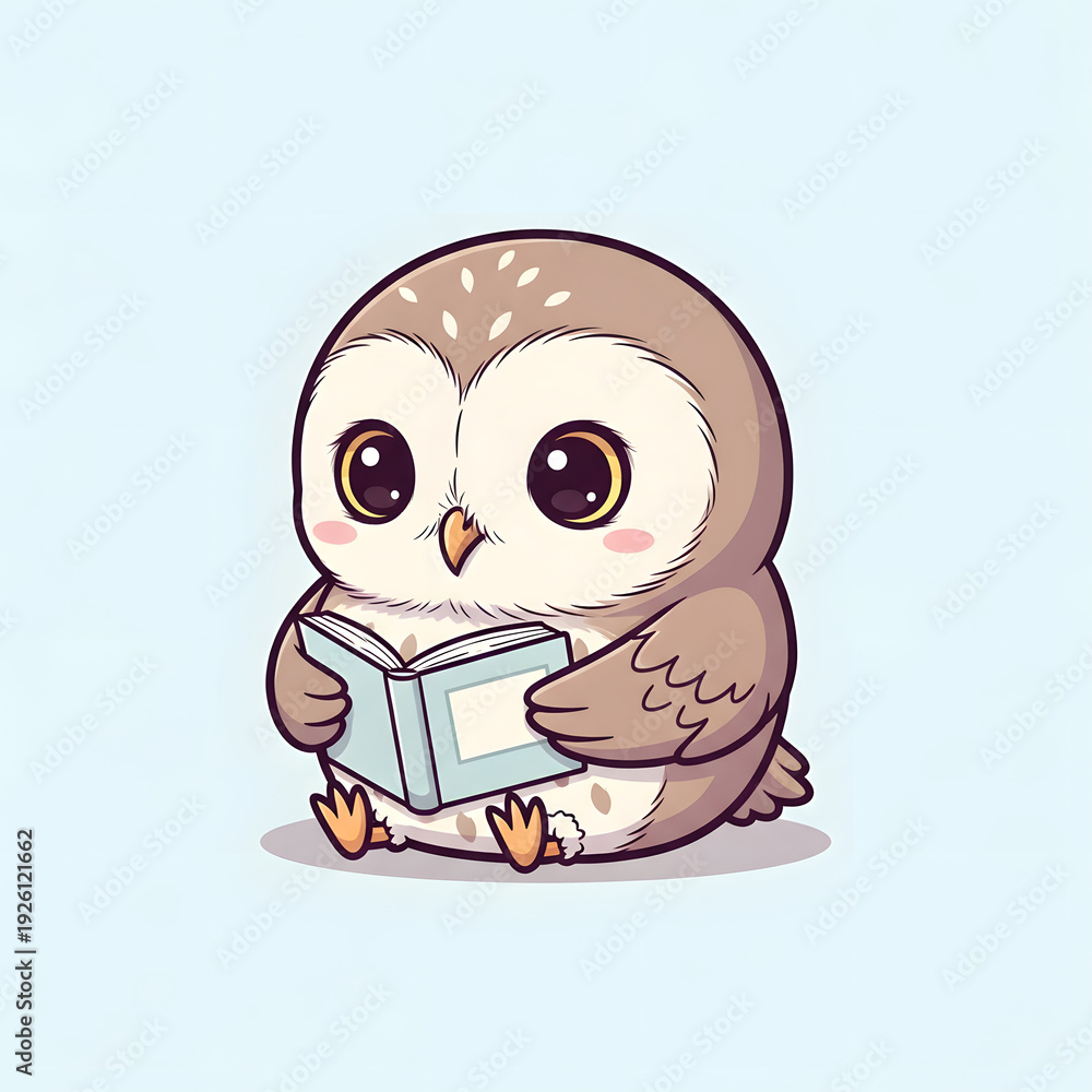 Obraz premium Adorable cartoon owl with big eyes reading a book, illustration style