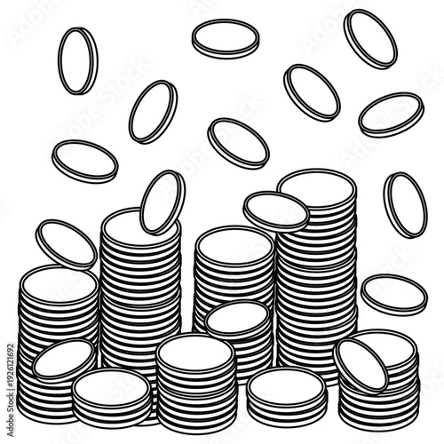 降り注ぐ大量の金貨と積み上げられたコインの山