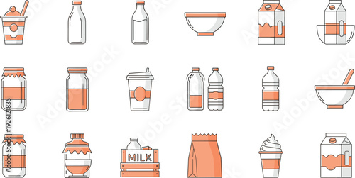 Milk and Dairy Packaging Icon Set with Bottles, Cartons, Jars, Cups and Containers Flat Vector Illustration Collection