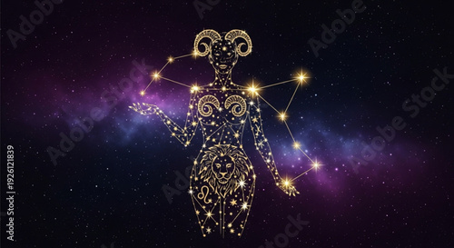 Zodiac aries constellation female form glowing stars night sky astrology cosmic art