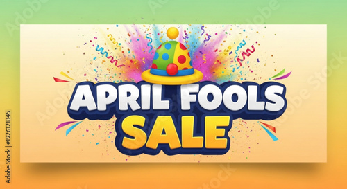 Vibrant april fools sale banner with party hat and confetti on gradient background