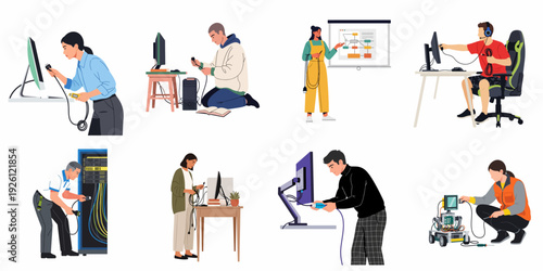 Diverse individuals connecting and troubleshooting various electronic devices, including computers, servers, gaming setups, and robots, illustrating technology support and installation.