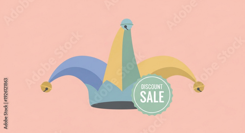 Jester's hat with discount sale sign on pink background for marketing and shopping concepts