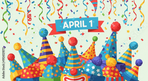 Colorful party hats with confetti and streamers on april 1st celebration background