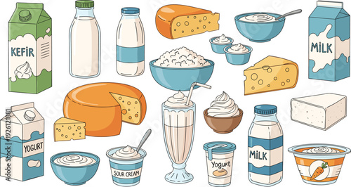 Dairy Food and Beverage Collection with Cheese, Milk, Yogurt, Kefir and Sour Cream Hand Drawn Vector Illustration Set