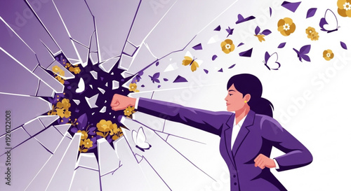 Businesswoman breaking through glass wall with gold coins symbolizing financial freedom and empowerment