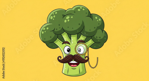 Cartoon broccoli character with mustache and earring on yellow background smiling and looking surprised