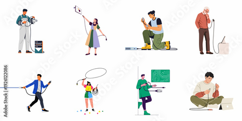 Diverse individuals engaged in connecting and managing cables and technology, representing digital infrastructure, IT support, and modern connectivity.