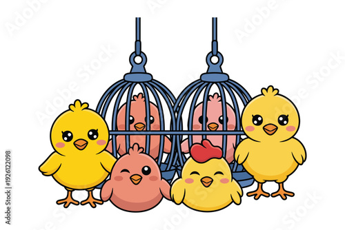 A chicken cartoon illustration of birds outside a cage