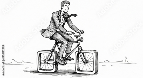 Businessman riding oversized bicycle with square wheels in cityscape background symbolizing innovation and creative transportation solutions
