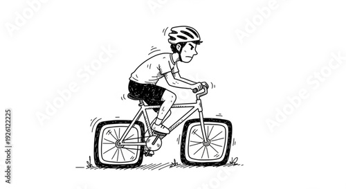 Man riding bicycle fast wearing helmet black shorts and shoes motion lines conveying speed and energy on white background