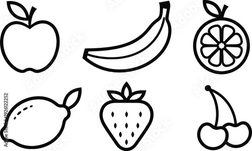 Fresh fruit line icon set. Includes apple, banana, orange, lemon, strawberry, cherry. Created in simple line style with black and white palette