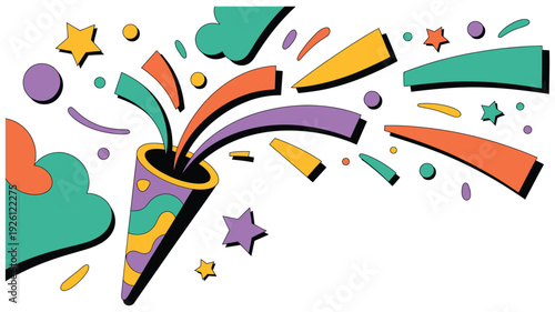 A colorful party popper illustration with confetti and stars on white background