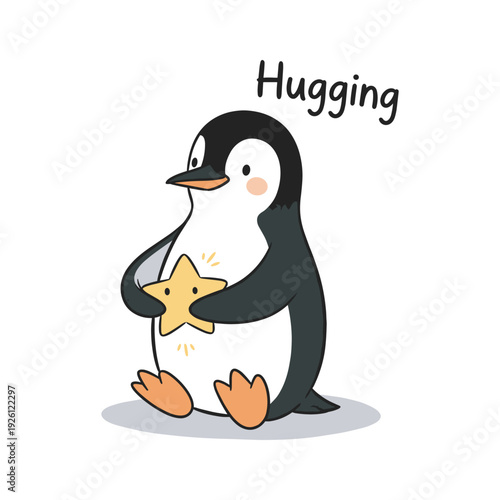 Penguin hugging a starfish with love and affection in a minimalist cartoon style