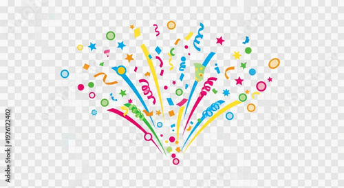 Colorful confetti and stars exploding in air celebration decoration elements on transparent background for party event or festive design