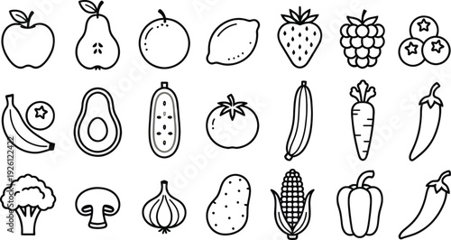 Fresh produce line icon set. Includes apple, pear, lemon, strawberry, grapes, chili pepper, banana, cucumber, tomato, carrot, broccoli, mushroom, potato, corn