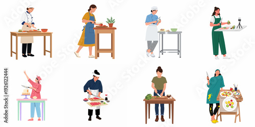 Diverse women engaged in food preparation, from professional chefs and bakers to home cooks and food content creators, showcasing various culinary skills and creativity.