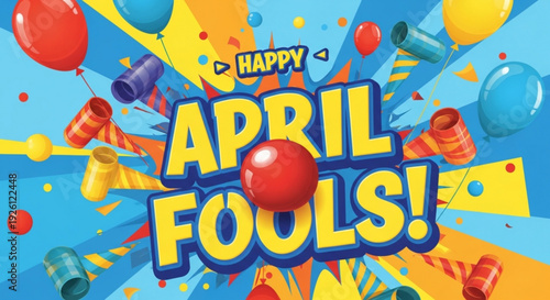 Colorful april fools' day celebration graphic with balloons and confetti