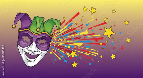 Jester's mask with colorful confetti and stars on purple background symbolizing fun and celebration