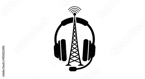 Radio Broadcasting Headset with Tower Antenna Logo Design.
