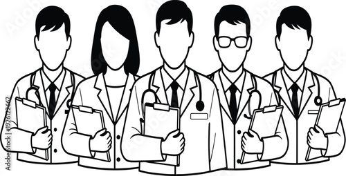 A group of five medical professionals standing together
