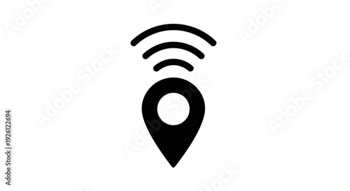 Black GPS location pin with wireless signal icon on white background.