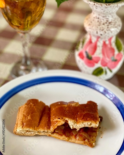 A delicious meal in Croatia. Dalmatian restaurant. Pizza, salad, and fruit.