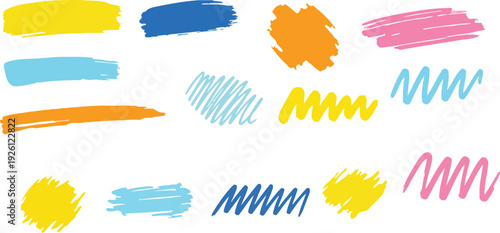 A collection of vibrant colorful brush strokes, scribbles, and wavy lines created with markers or highlighters on a clean white background