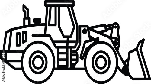 Black and white line drawing of a front loader tractor