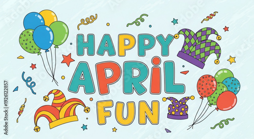 Colorful april fools' day celebration with balloons and jester hats on light blue background