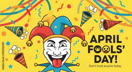 April fools' day celebration with jester and party elements on yellow background