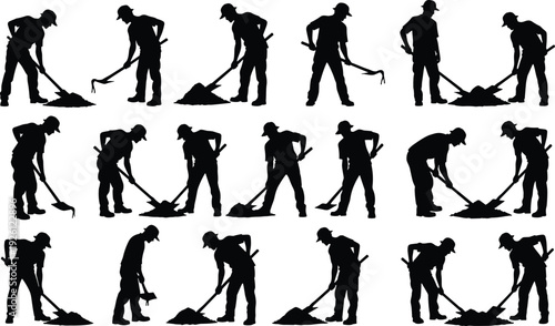 Shoveling worker silhouettes, manual labor illustration, digging soil, construction activity, physical work, outdoor task, repetitive motion, labor artwork design