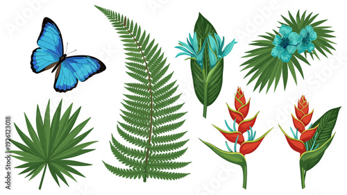 A vibrant collection of tropical flora and fauna, featuring a striking blue butterfly amidst lush green leaves and exotic red and blue blossoms, perfect for nature-themed designs.