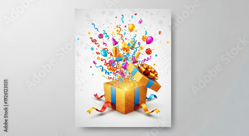 Vibrant gift box explodes with colorful confetti and balloons on white background symbolizing celebration and surprise
