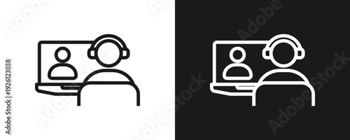 Virtual Meeting Icon Set Outline In White And Black Background