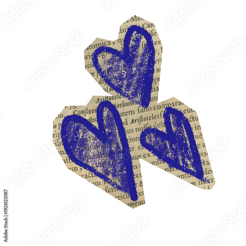 Hand drawn three heart symbols with crayon texture on paper collage for scrapbook 